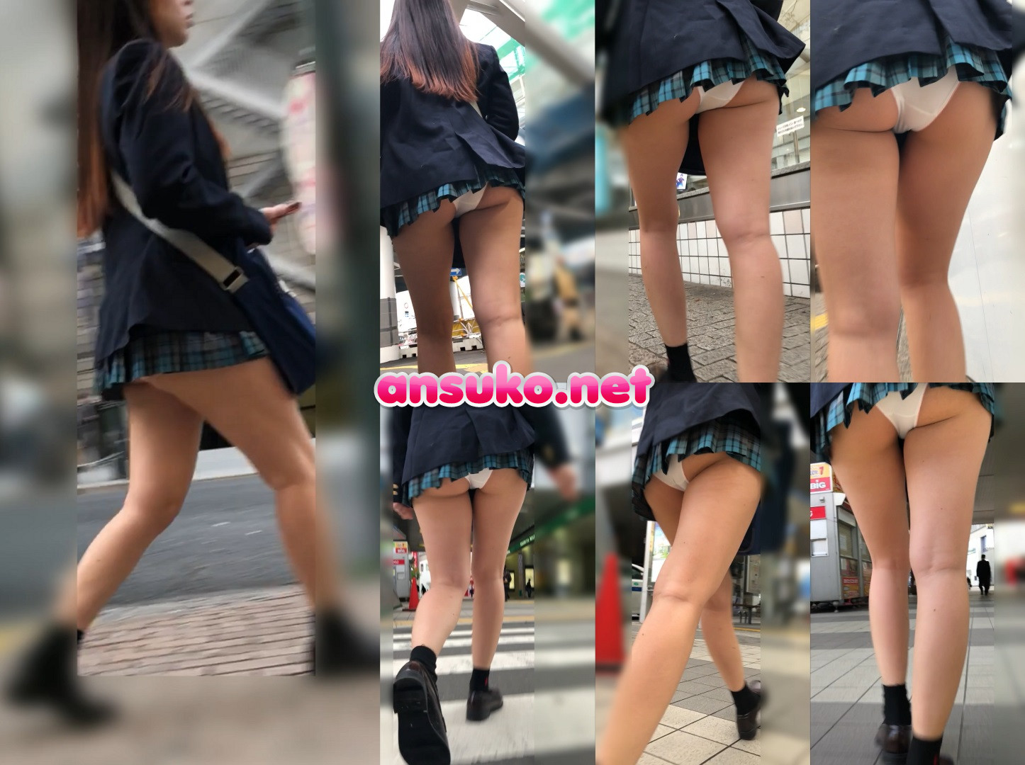 青チェ追跡、ローアンで見えっぱなしw【JK逆さ撮り】